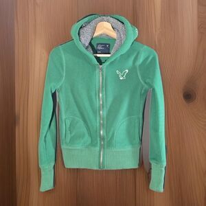 American Eagle Y2K Gorpcore Fleece Sherpa Lined Full Zip Hoodie Green XS